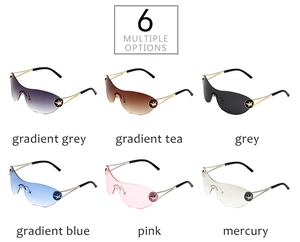 Detail view of colorful frameless Y2K sunglasses with metallic star hinge accents