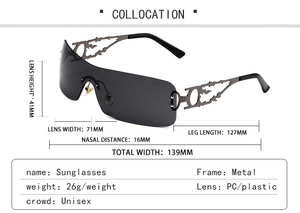 Dimensions détaillées des lunettes de soleil Y2K avec branches évidées et verres PC