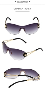 Three-view detail of Y2K star-accented frameless wrap-around sunglasses in gradient grey