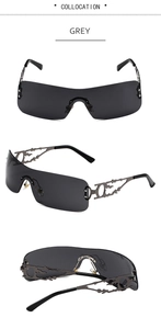 Détails des lunettes de soleil Y2K grises avec motifs de flammes en métal ajouré
