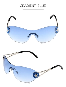 Detail of gradient blue rimless Y2K sunglasses with silver star studs and metal temples
