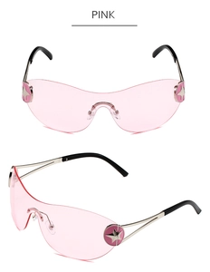 Close-up of pink rimless Y2K sunglasses with star-shaped metal accents and silver temples