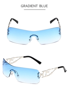 Détail de lunettes de soleil sans monture bleu dégradé avec branches métalliques ajourées