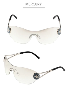 Macro detail of Y2K star-patterned metal buckle on rimless gradient sunglasses