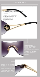 Close-up details of Y2K star-accented frameless sunglasses with stylish gold temples