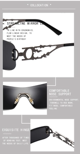 Vue détaillée des lunettes Y2K avec branches en métal évidées et charnières de précision renforcées