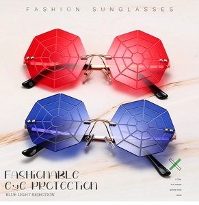 Détails de lunettes de soleil octogonales sans monture avec verres à motif toile d'araignée