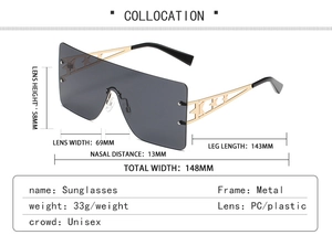 Detailed size chart for frameless star sunglasses featuring 148mm width and gold temples