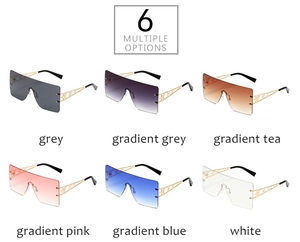 Detailed grid of oversized rimless sunglasses in six colors with gold star hollow temples
