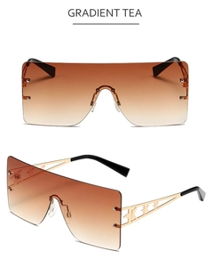 Detail view of oversized rimless sunglasses with metal star cutout on the temples