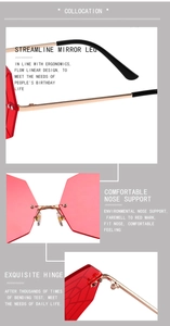Détail de lunettes de soleil rouges sans monture avec branches dorées et charnières
