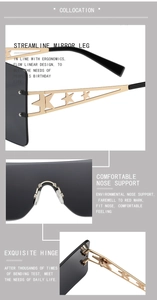 Detail of metal hinges and star-carved gold temples on oversized rimless sunglasses