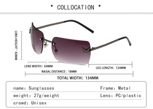 Detailed dimension guide for rimless Y2K sunglasses with butterfly crystal accents