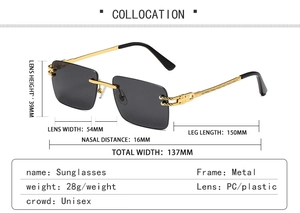 Detailed specs of rimless square sunglasses with dimensions and lightweight 28g PC lenses