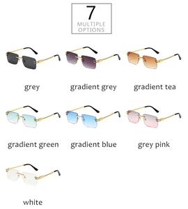 Detailed view of seven rimless rectangle sunglasses with various gradient lens colors