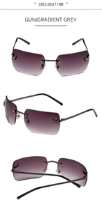 Close-up of rimless butterfly sunglasses with sparkling rhinestones and gradient grey lenses