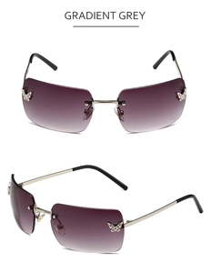 Detail of rimless Y2K sunglasses with silver butterfly crystals and gradient grey lenses