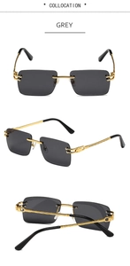 Detail view of grey rimless rectangular sunglasses with gold twisted metal temples