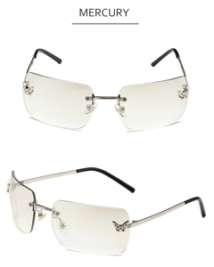 Macro detail of rimless Y2K sunglasses with sparkling butterfly diamond accents on lenses