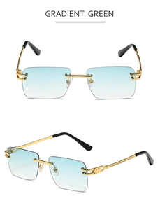 Detail of gradient green rimless sunglasses with gold braided metal temples and nose pads
