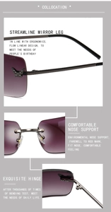Detail of rimless Y2K sunglasses featuring purple gradient lenses and rhinestone butterfly