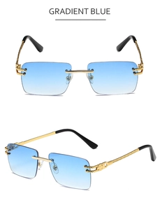 Detail of gradient blue rimless sunglasses with textured gold metal temples and macro lens view