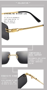Detailed views of gold metal hinges, ergonomic temples and soft nose pads for rimless glasses