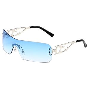 Lunettes De Soleil Shield Sans Monture Surdimensionnées Branches En Métal Évidé Protection UV400 Mode Y2K Hip Hop Cyberpunk