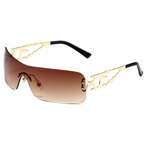 Lunettes de soleil Y2K sans monture, verres dégradés marron et branches en métal doré