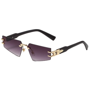 Lunettes de soleil polygonales sans monture avec verres dégradés violets et branches dorées