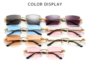 Detail of rimless sunglasses with gold snake head emblem and various tinted lenses