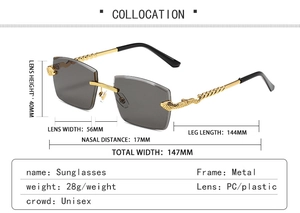 Detailed size chart for rimless sunglasses featuring grey lenses and golden snake temples