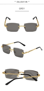 Detailed view of grey rimless rectangular sunglasses featuring gold snake-shaped metal temples