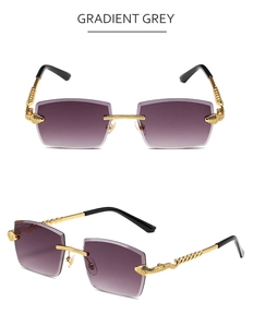 Detail of rimless sunglasses with gradient lenses and gold snake textured temples