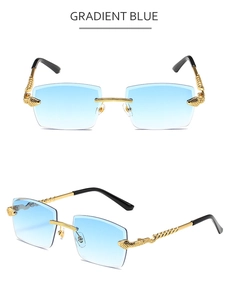 Detail of rimless gradient blue sunglasses with golden snake-shaped metal temples