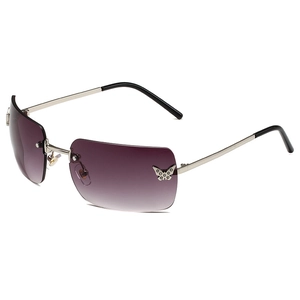 Frameless Y2K sunglasses with purple gradient lenses and silver metal butterfly details