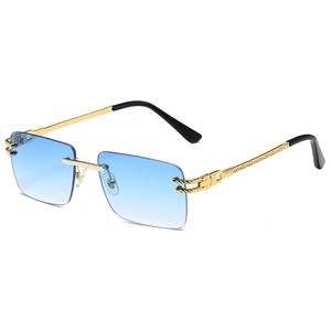 Frameless rectangle sunglasses with blue gradient lenses and gold engraved metal frame
