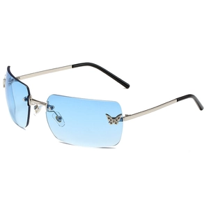 Y2K rimless metal sunglasses with light blue lenses and silver butterfly detail