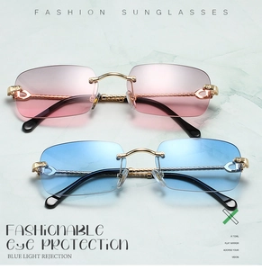 Detail of rimless polygon sunglasses with gradient lenses and gold rope textured temples
