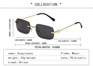 Size chart showing dimensions for vintage rimless polygon metal sunglasses with measurements