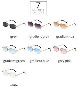 Detail view of seven colorful rimless rectangle sunglasses with metal C-shaped hinges