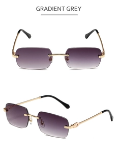 Detail view of rimless polygon sunglasses with gradient grey lenses and gold metal frame