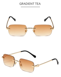 Detail view of rimless polygon sunglasses with gradient tea lenses and golden metal temples