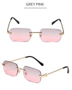 Detail of rimless polygon sunglasses featuring grey pink gradient lenses and metal C-decor
