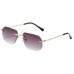 Retro rimless square sunglasses with purple gradient lenses and gold metal frames