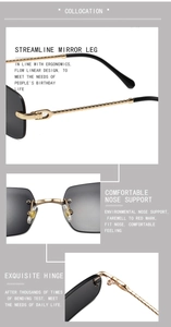Detail of twisted metal temples with CD logo and anti-slip nose pads on rimless sunglasses