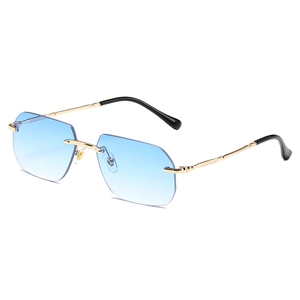 Retro rimless square sunglasses with light blue gradient lenses and gold metal frames