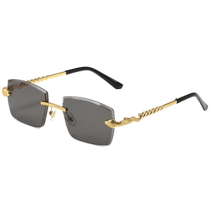 Frameless diamond cut sunglasses with golden snake-patterned metal temples and grey lenses