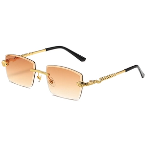 Frameless rectangle sunglasses with gradient brown lenses and golden snake temples
