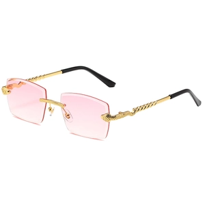 Rimless sunglasses with pink gradient lenses and gold snake-shaped metal temples
